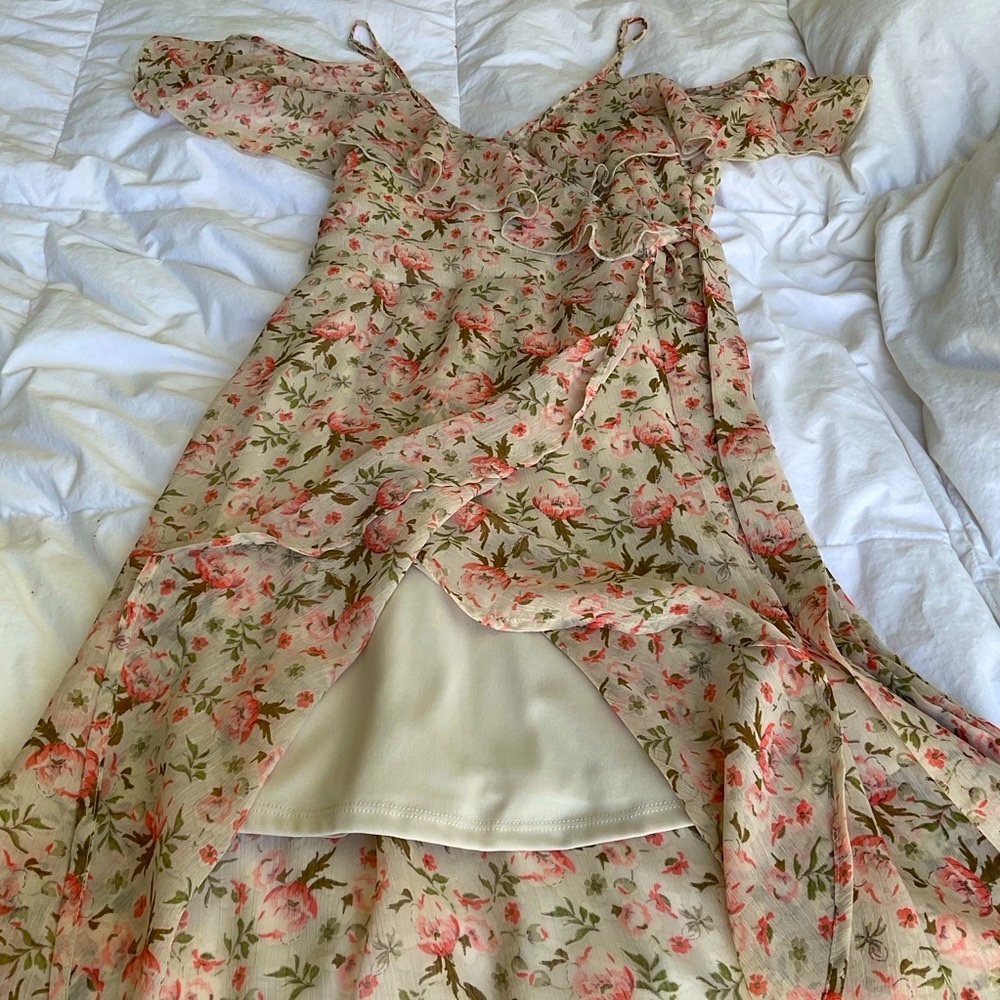 Vintage Pink and Green Floral Flowy Midi Dress